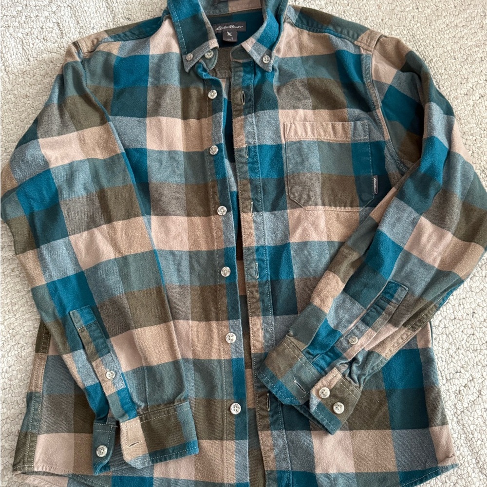 Eddie Bauer Teal, Brown & Cream Plaid Button-Down Shirt